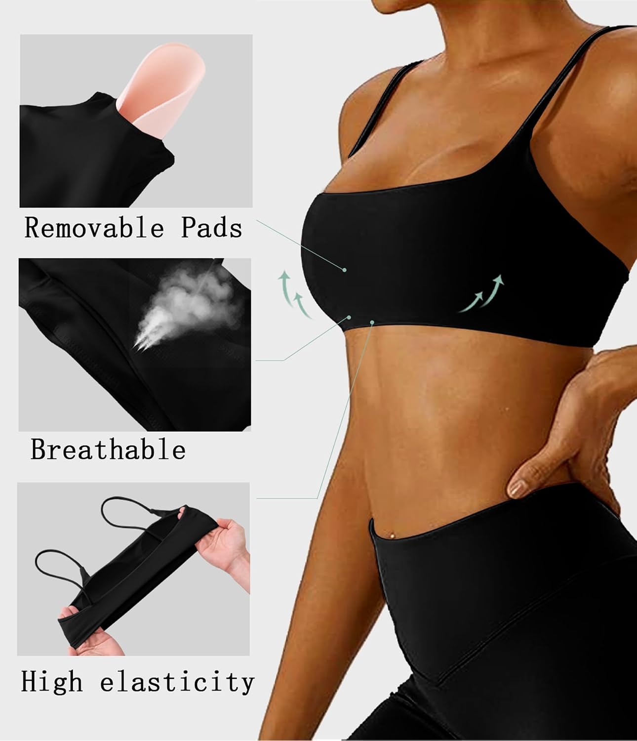 Women's Sports Bra with Thin Straps Stretchy Wirefree Workout Bras Lightweight Workouts Bralette with Removable Pads
