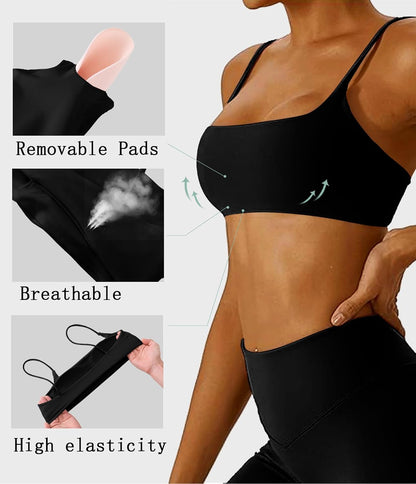 Women's Sports Bra with Thin Straps Stretchy Wirefree Workout Bras Lightweight Workouts Bralette with Removable Pads