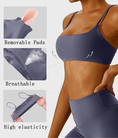Women's Sports Bra with Thin Straps Stretchy Wirefree Workout Bras Lightweight Workouts Bralette with Removable Pads