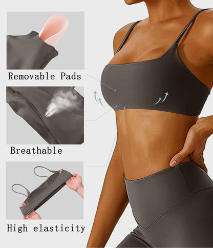 Women's Sports Bra with Thin Straps Stretchy Wirefree Workout Bras Lightweight Workouts Bralette with Removable Pads