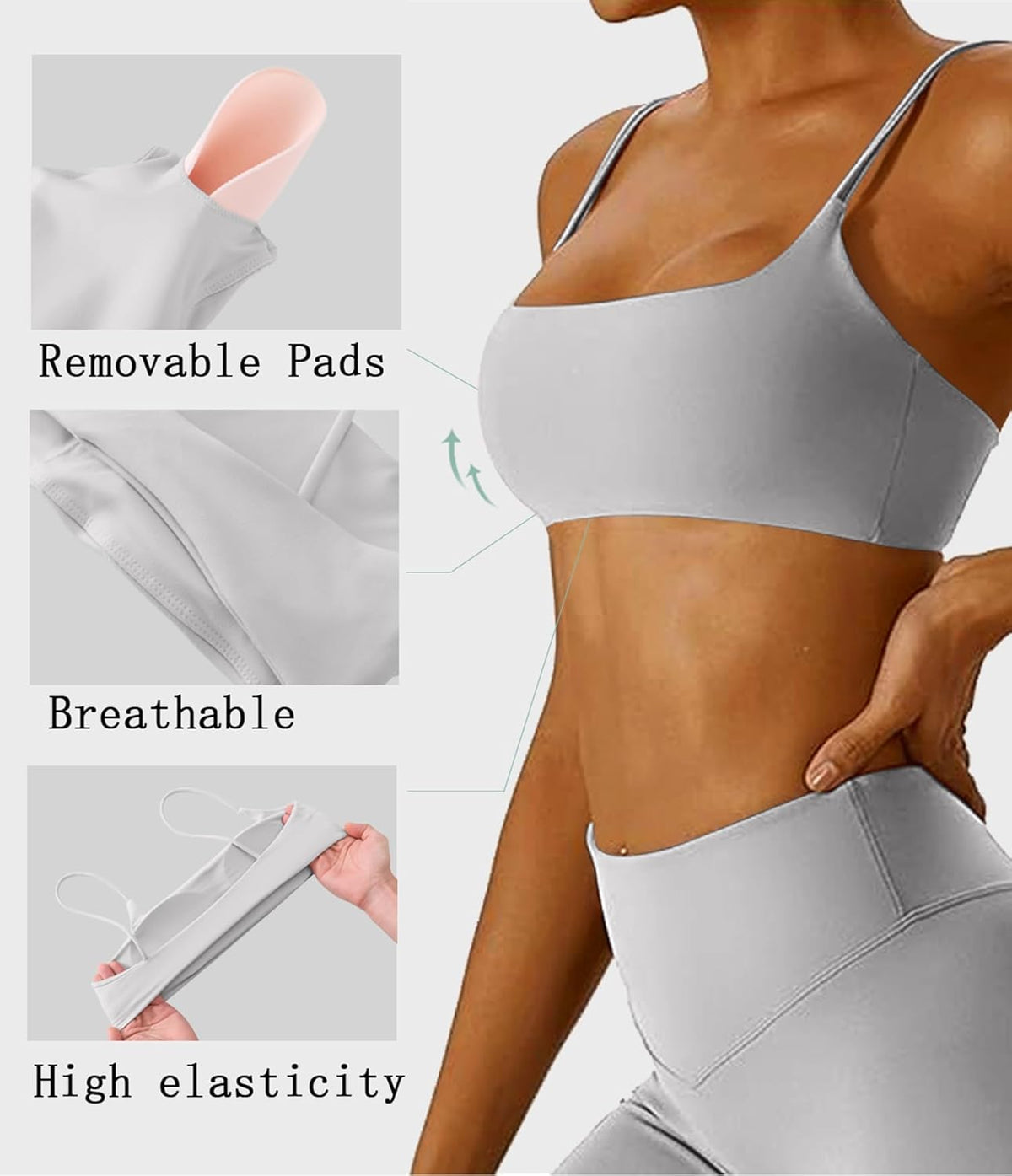 Women's Sports Bra with Thin Straps Stretchy Wirefree Workout Bras Lightweight Workouts Bralette with Removable Pads