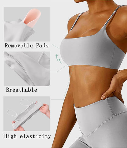Women's Sports Bra with Thin Straps Stretchy Wirefree Workout Bras Lightweight Workouts Bralette with Removable Pads
