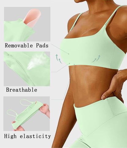 Women's Sports Bra with Thin Straps Stretchy Wirefree Workout Bras Lightweight Workouts Bralette with Removable Pads