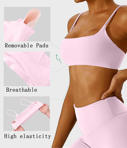 Women's Sports Bra with Thin Straps Stretchy Wirefree Workout Bras Lightweight Workouts Bralette with Removable Pads