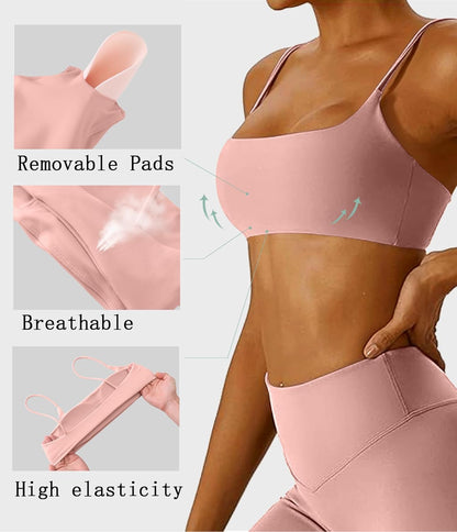 Women's Sports Bra with Thin Straps Stretchy Wirefree Workout Bras Lightweight Workouts Bralette with Removable Pads