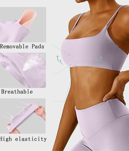 Women's Sports Bra with Thin Straps Stretchy Wirefree Workout Bras Lightweight Workouts Bralette with Removable Pads