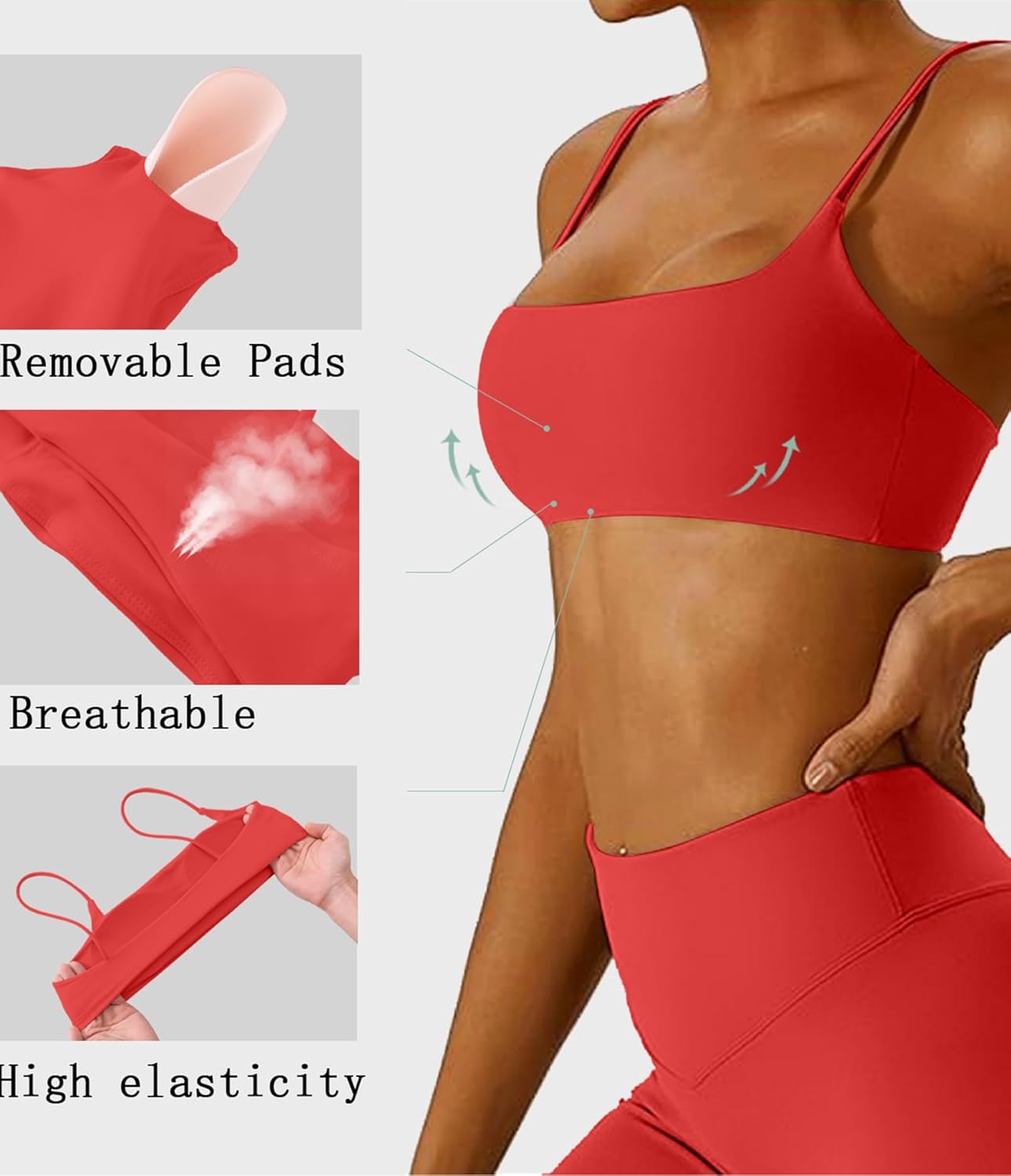 Women's Sports Bra with Thin Straps Stretchy Wirefree Workout Bras Lightweight Workouts Bralette with Removable Pads