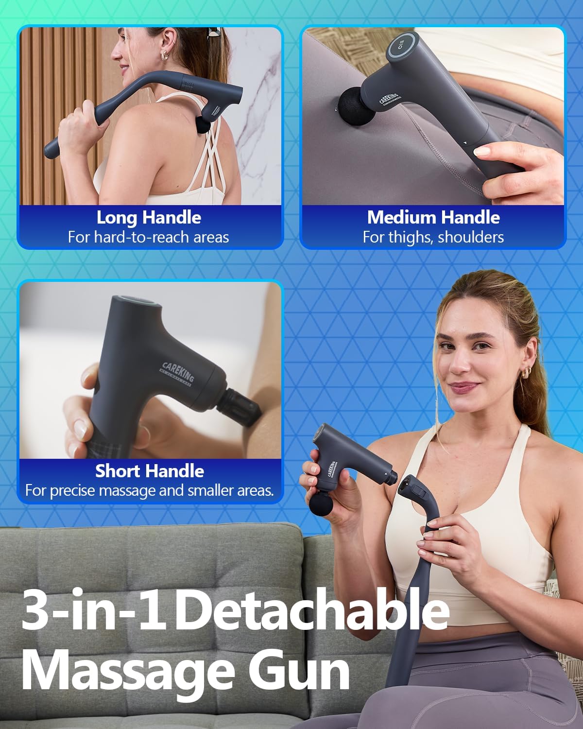 3-in-1 Detachable Massage Gun Deep Tissue with Extension Long Handle