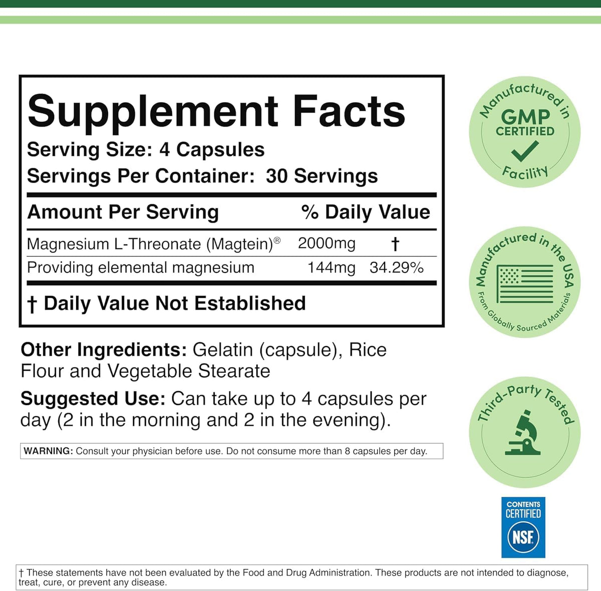 Magnesium L-Threonate, Cognitive + Sleep Support, 2000mg, 120 Capsules