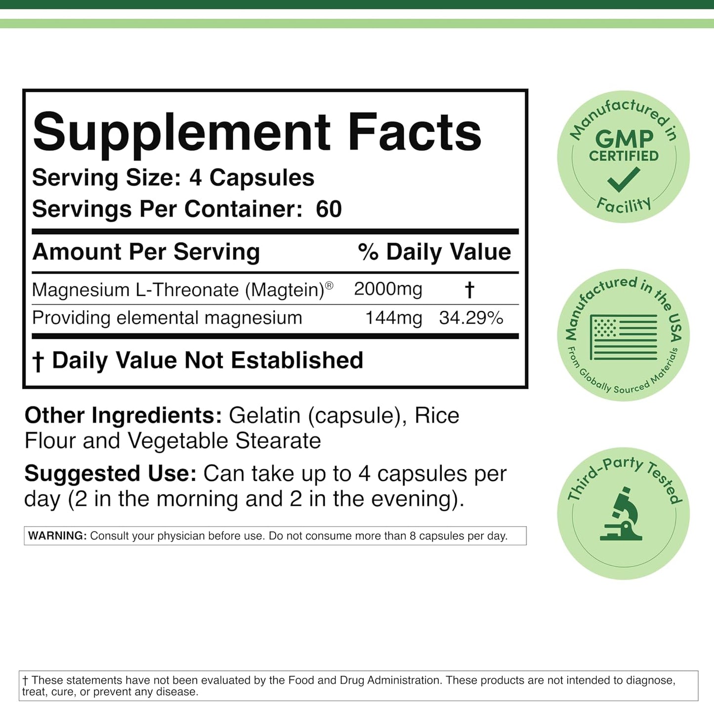 Magnesium L-Threonate, Cognitive + Sleep Support, 2000mg, 120 Capsules