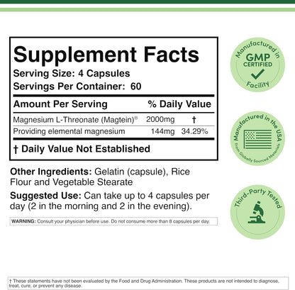 Magnesium L-Threonate, Cognitive + Sleep Support, 2000mg, 120 Capsules