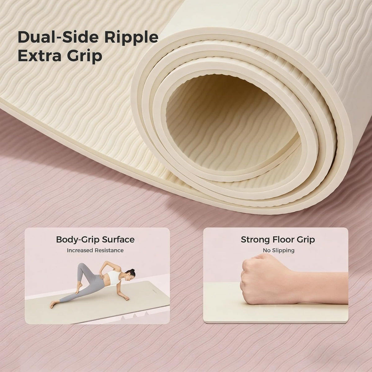 72" x 24" TPE Yoga Mat Non Slip, 1/4 Inch (6mm) Exercise Mat for Home Workout, Gym, Yoga, Pilates & Stretching with Carrying Strap, Oat White