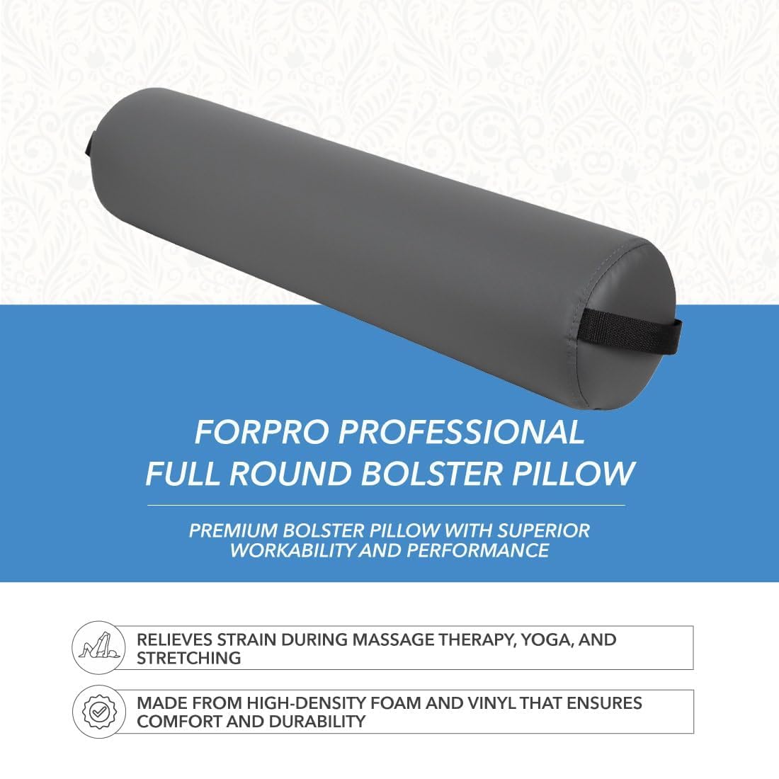ForPro Full Round Bolster Pillow, Black, Oil and Stain-Resistant, for Massage and Yoga, 6” R x 26” L