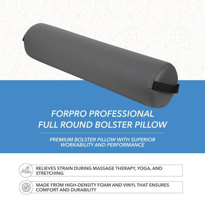ForPro Full Round Bolster Pillow, Black, Oil and Stain-Resistant, for Massage and Yoga, 6” R x 26” L