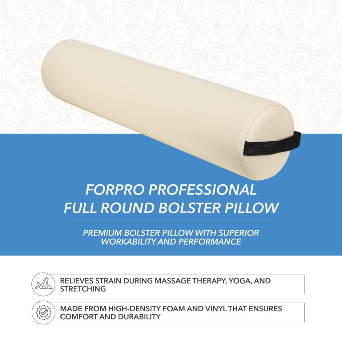ForPro Full Round Bolster Pillow, Black, Oil and Stain-Resistant, for Massage and Yoga, 6” R x 26” L