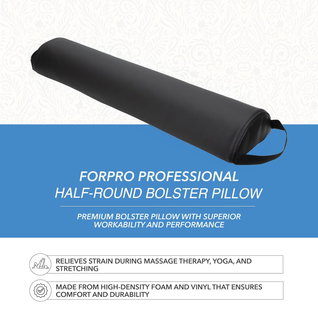 ForPro Full Round Bolster Pillow, Black, Oil and Stain-Resistant, for Massage and Yoga, 6” R x 26” L