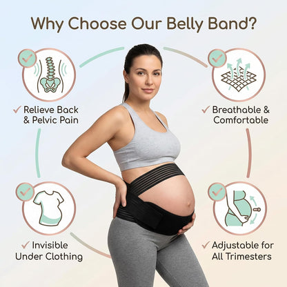Maternity Belly Band for Pregnancy - 3 in 1 Pregnancy Support Belt for Back, Pelvic & Hip Support - Adjustable Abdominal Binder & Prenatal Cradle - Pregnancy Must Haves (Black, X-Large)
