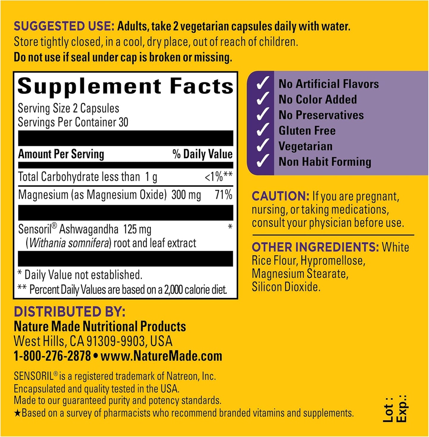 Nature Made Magnesium + Ashwagandha Capsules, 60 Capsules