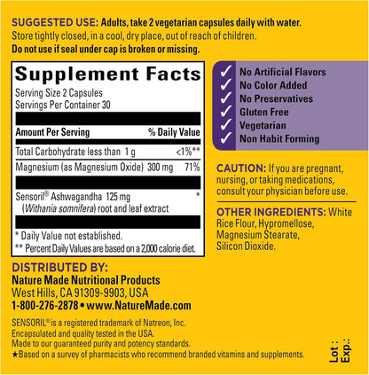 Nature Made Magnesium + Ashwagandha Capsules, 60 Capsules