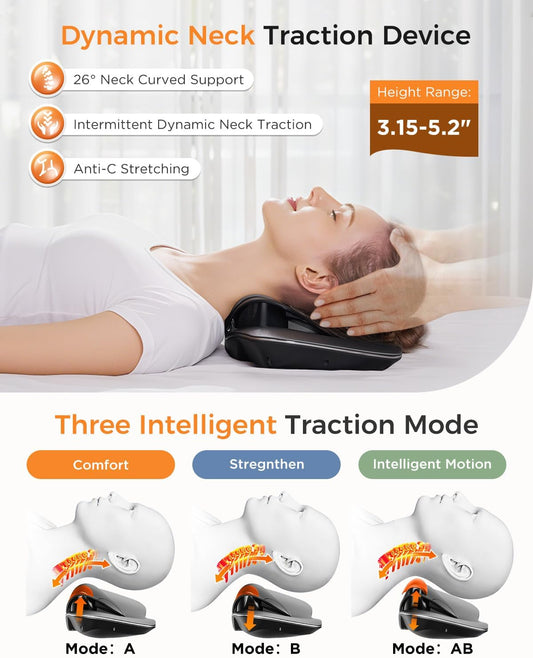Multi-Functional Cervical Traction Device, Dynamic Neck Massager with Pulsed Electrotherapy & Heat Therapy, 3 Modes&12 Intensities, Neck Stretcher to Relieve Neck Stiffness, Home &Office Use