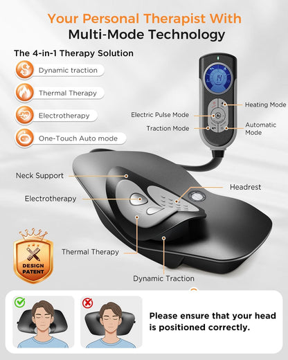 Multi-Functional Cervical Traction Device, Dynamic Neck Massager with Pulsed Electrotherapy & Heat Therapy, 3 Modes&12 Intensities, Neck Stretcher to Relieve Neck Stiffness, Home &Office Use