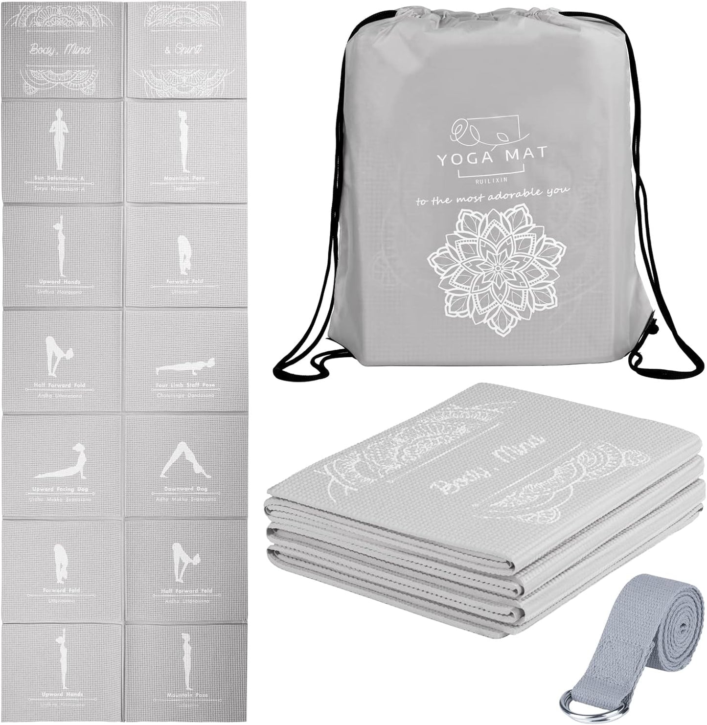 Foldable Yoga Mat for Women, Non Slip Exercise Mat for Home Gym, 5mm Travel Yoga Mats Set With Stretch Strap for Yoga Pilates and Fitness, 68"L x 24"W x 0.2 Inch Thick