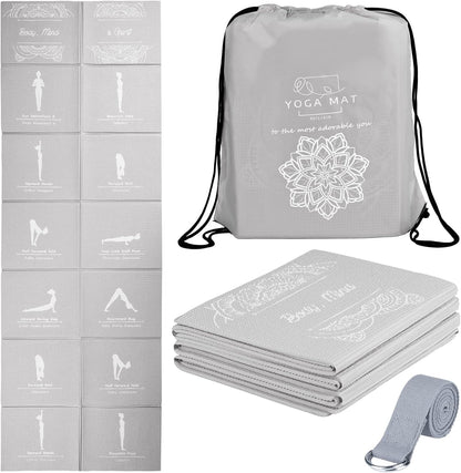 Foldable Yoga Mat for Women, Non Slip Exercise Mat for Home Gym, 5mm Travel Yoga Mats Set With Stretch Strap for Yoga Pilates and Fitness, 68"L x 24"W x 0.2 Inch Thick
