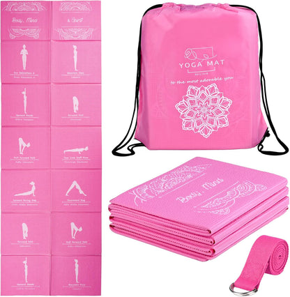 Foldable Yoga Mat for Women, Non Slip Exercise Mat for Home Gym, 5mm Travel Yoga Mats Set With Stretch Strap for Yoga Pilates and Fitness, 68"L x 24"W x 0.2 Inch Thick