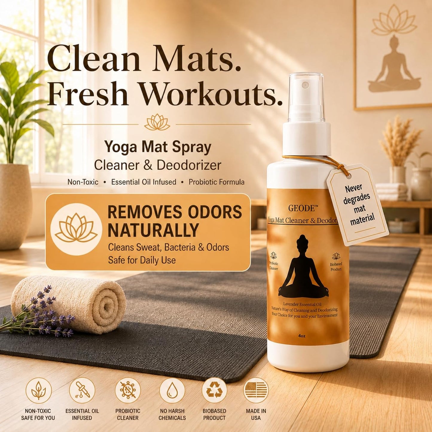 Yoga Mat Cleaner & Deodorizer Spray – Lavender Essential Oil Formula for Yoga Mats, Pilates Reformers & Gym Equipment – Natural No-Residue Workout Mat Cleaner, Non-Toxic Daily Cleaning Spray (32 oz)