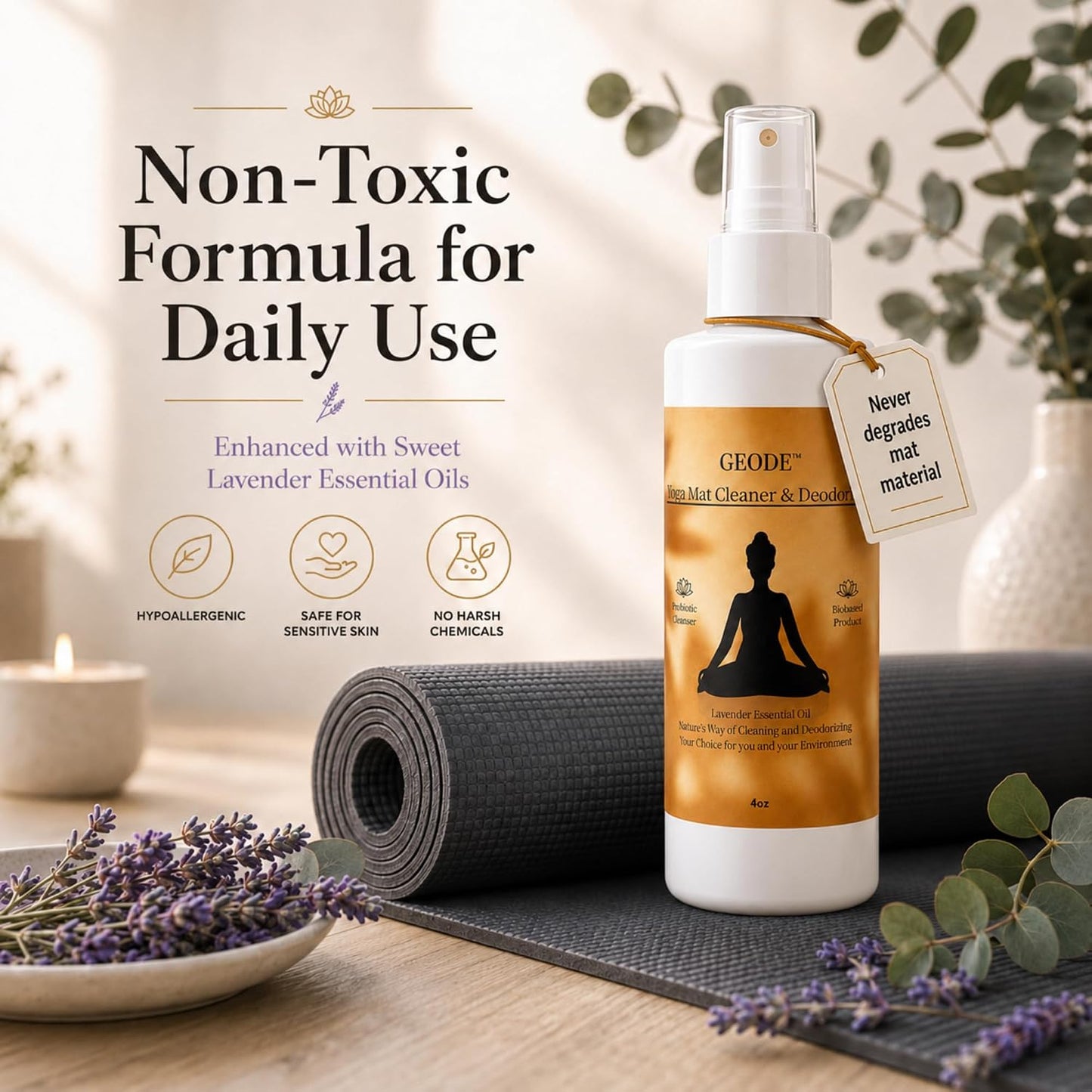 Yoga Mat Cleaner & Deodorizer Spray – Lavender Essential Oil Formula for Yoga Mats, Pilates Reformers & Gym Equipment – Natural No-Residue Workout Mat Cleaner, Non-Toxic Daily Cleaning Spray (32 oz)
