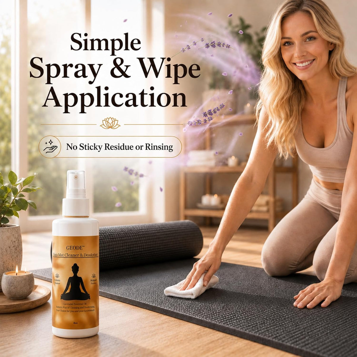 Yoga Mat Cleaner & Deodorizer Spray – Lavender Essential Oil Formula for Yoga Mats, Pilates Reformers & Gym Equipment – Natural No-Residue Workout Mat Cleaner, Non-Toxic Daily Cleaning Spray (32 oz)