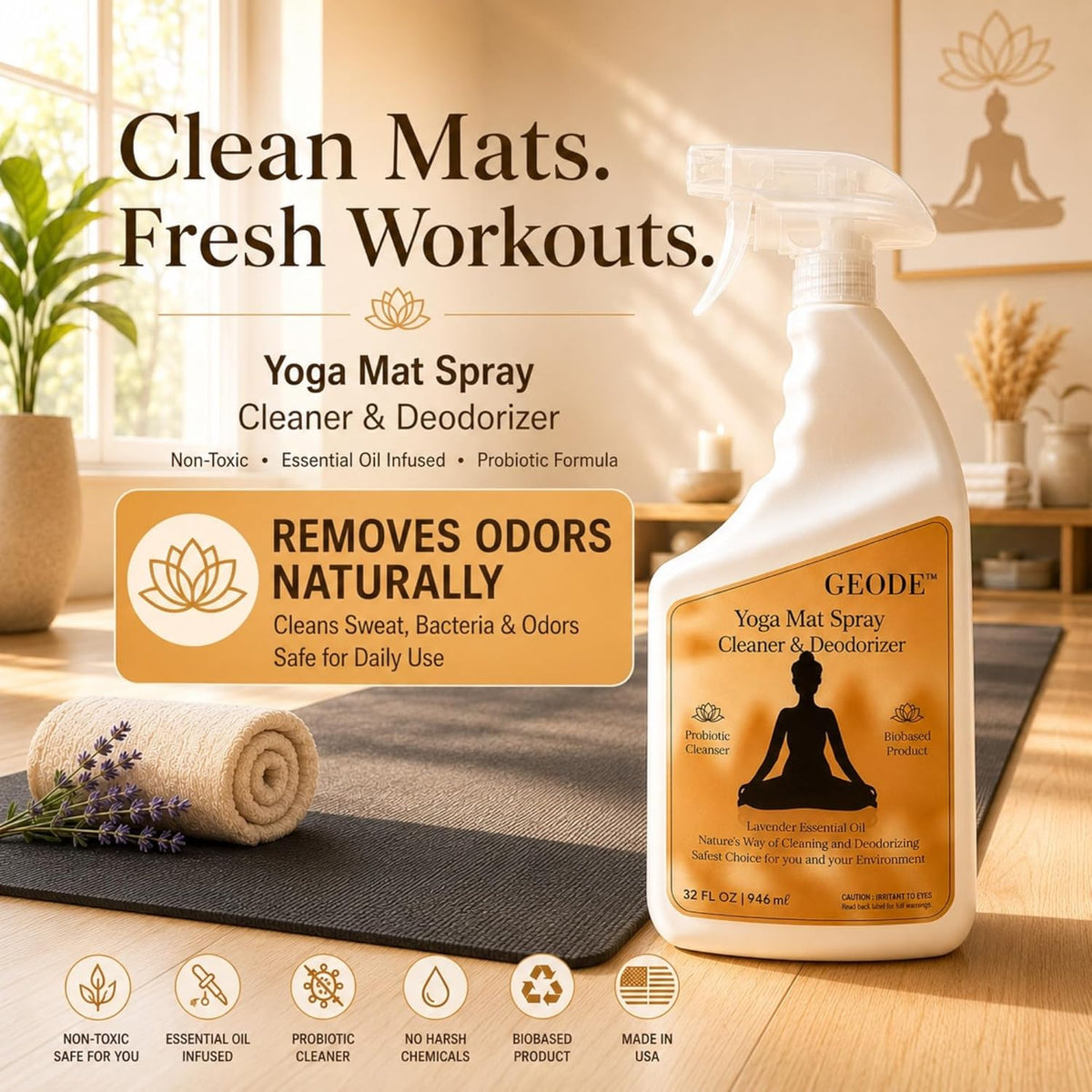 Yoga Mat Cleaner & Deodorizer Spray – Lavender Essential Oil Formula for Yoga Mats, Pilates Reformers & Gym Equipment – Natural No-Residue Workout Mat Cleaner, Non-Toxic Daily Cleaning Spray (32 oz)