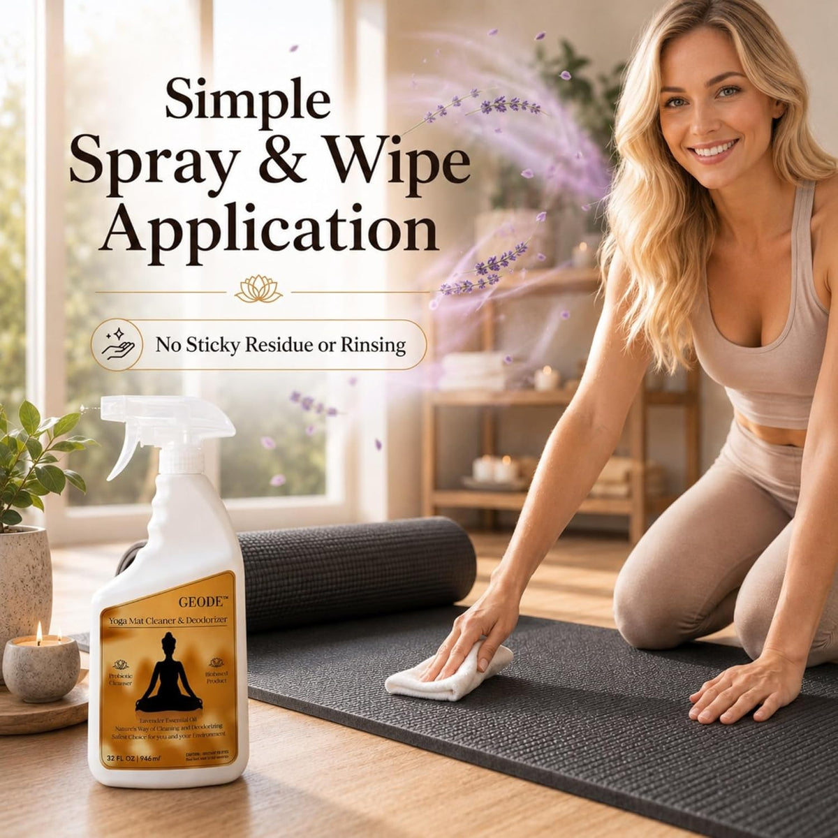 Yoga Mat Cleaner & Deodorizer Spray – Lavender Essential Oil Formula for Yoga Mats, Pilates Reformers & Gym Equipment – Natural No-Residue Workout Mat Cleaner, Non-Toxic Daily Cleaning Spray (32 oz)
