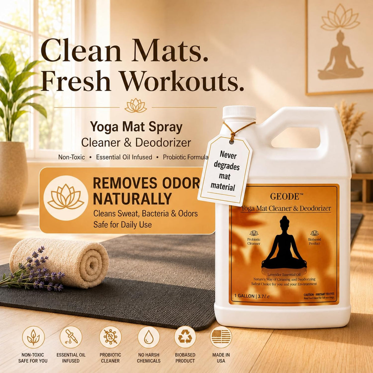 Yoga Mat Cleaner & Deodorizer Spray – Lavender Essential Oil Formula for Yoga Mats, Pilates Reformers & Gym Equipment – Natural No-Residue Workout Mat Cleaner, Non-Toxic Daily Cleaning Spray (32 oz)