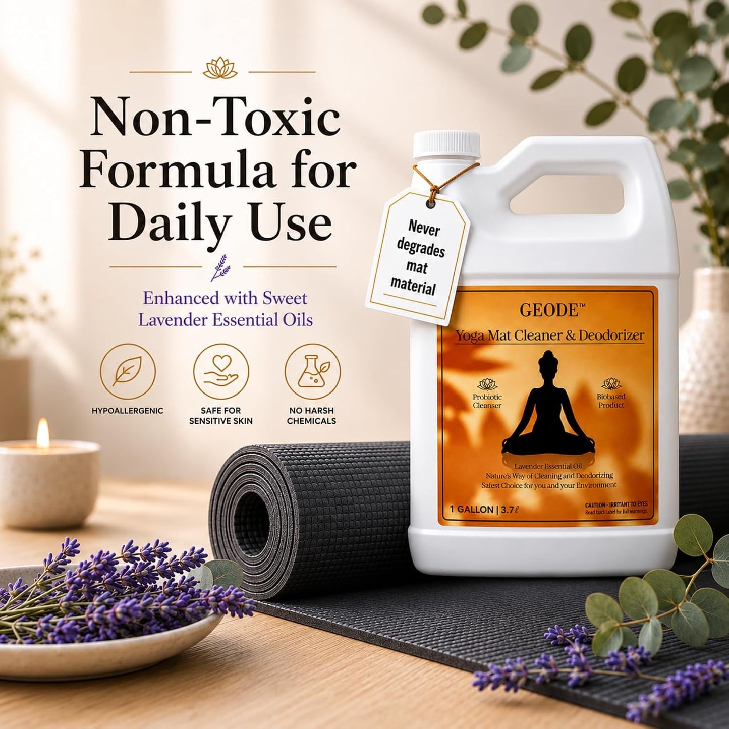 Yoga Mat Cleaner & Deodorizer Spray – Lavender Essential Oil Formula for Yoga Mats, Pilates Reformers & Gym Equipment – Natural No-Residue Workout Mat Cleaner, Non-Toxic Daily Cleaning Spray (32 oz)