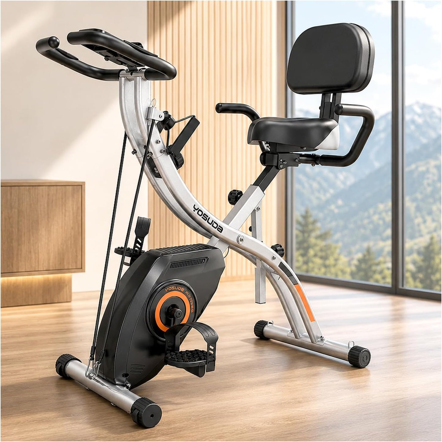 Folding Exercise Bike - 5 IN 1 Foldable Stationary Bike for Home Gym Workout, Upgraded Indoor Cycling Bikes with 6.6 LBS Flywheel, 380 LBS Capacity and 16-Level Magnetic Resistance, Back Support Cushion