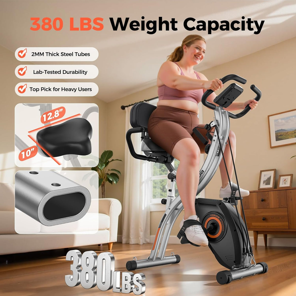 Folding Exercise Bike - 5 IN 1 Foldable Stationary Bike for Home Gym Workout, Upgraded Indoor Cycling Bikes with 6.6 LBS Flywheel, 380 LBS Capacity and 16-Level Magnetic Resistance, Back Support Cushion