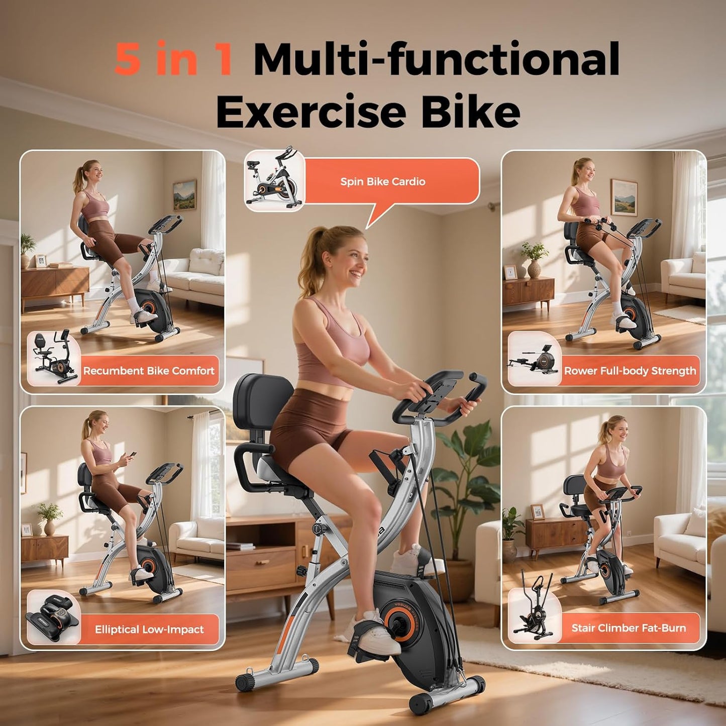 Folding Exercise Bike - 5 IN 1 Foldable Stationary Bike for Home Gym Workout, Upgraded Indoor Cycling Bikes with 6.6 LBS Flywheel, 380 LBS Capacity and 16-Level Magnetic Resistance, Back Support Cushion
