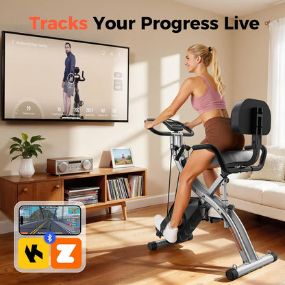 Folding Exercise Bike - 5 IN 1 Foldable Stationary Bike for Home Gym Workout, Upgraded Indoor Cycling Bikes with 6.6 LBS Flywheel, 380 LBS Capacity and 16-Level Magnetic Resistance, Back Support Cushion