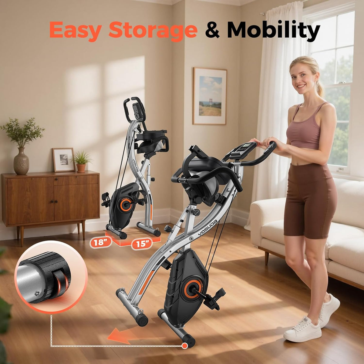 Folding Exercise Bike - 5 IN 1 Foldable Stationary Bike for Home Gym Workout, Upgraded Indoor Cycling Bikes with 6.6 LBS Flywheel, 380 LBS Capacity and 16-Level Magnetic Resistance, Back Support Cushion