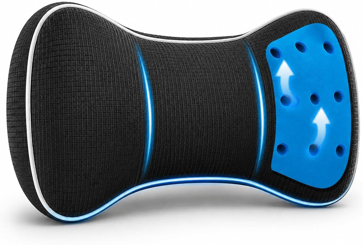 Infused-Gel Car Neck Pillow with Airflow Memory Foam, Headrest Support Cushion for Driving, Universal - Fits Any Vehicle, Including SUVs and Trucks, Washable Cover, Black…