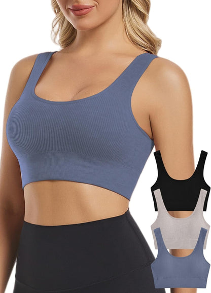 Seamless Sports Bras for Women Pack of 3 Ribbed Sports Bra Workout Tops Cropped Tank Top Comfort Padded Yoga
