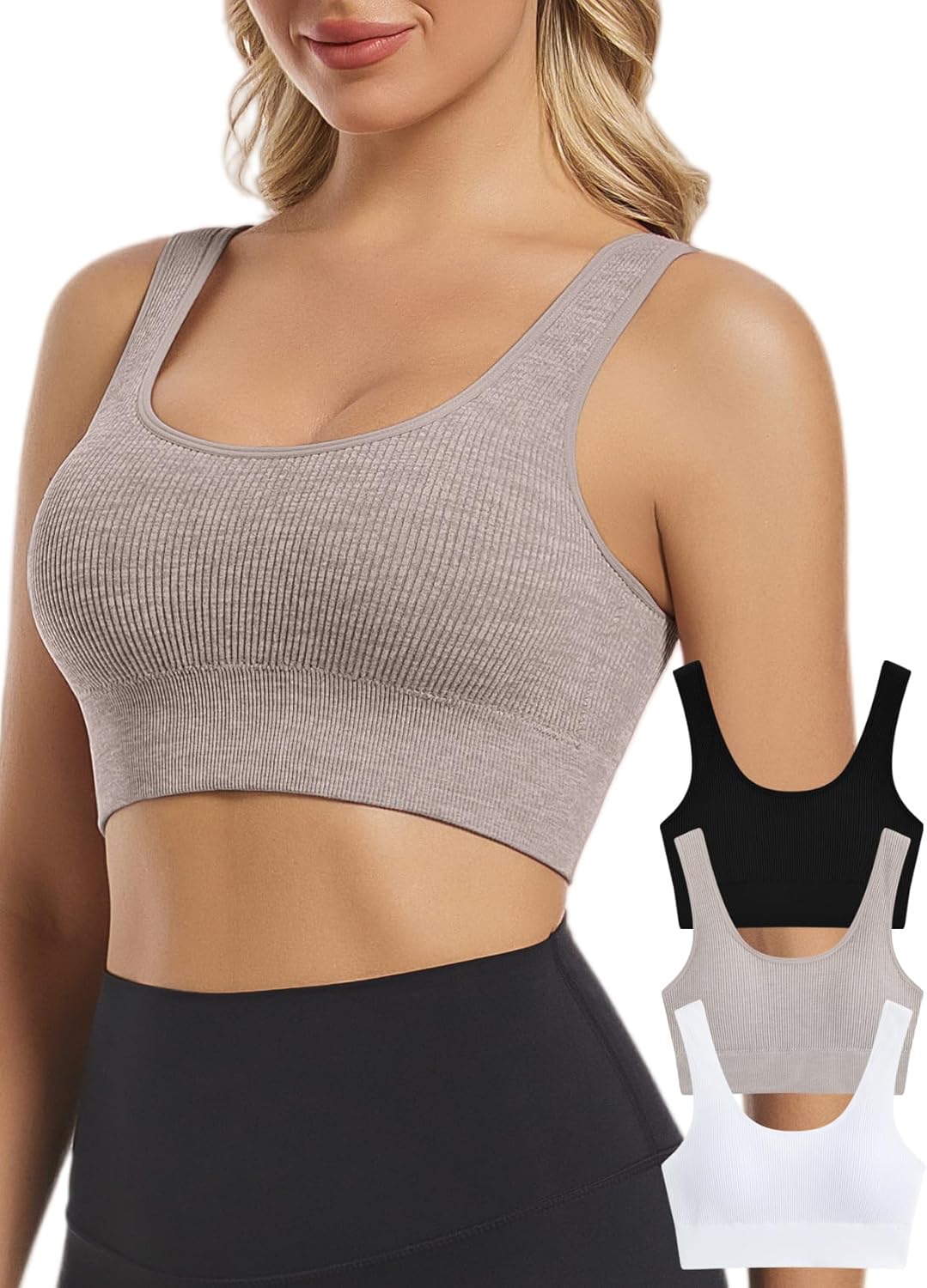 Seamless Sports Bras for Women Pack of 3 Ribbed Sports Bra Workout Tops Cropped Tank Top Comfort Padded Yoga