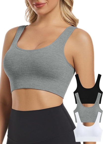 Seamless Sports Bras for Women Pack of 3 Ribbed Sports Bra Workout Tops Cropped Tank Top Comfort Padded Yoga