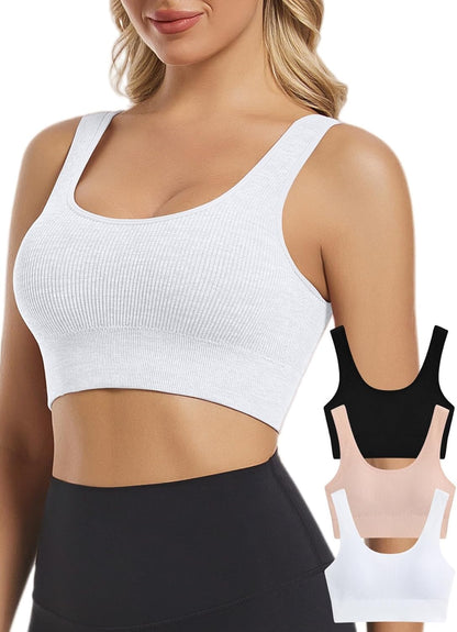 Seamless Sports Bras for Women Pack of 3 Ribbed Sports Bra Workout Tops Cropped Tank Top Comfort Padded Yoga