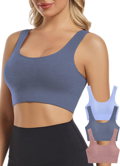 Seamless Sports Bras for Women Pack of 3 Ribbed Sports Bra Workout Tops Cropped Tank Top Comfort Padded Yoga