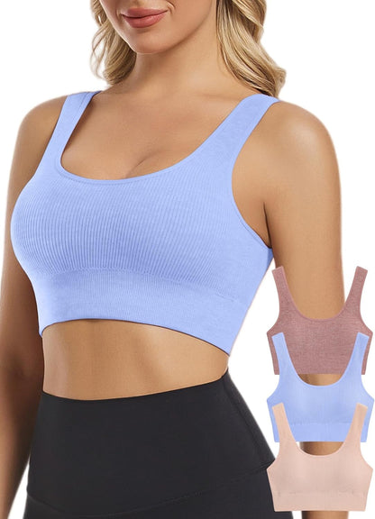 Seamless Sports Bras for Women Pack of 3 Ribbed Sports Bra Workout Tops Cropped Tank Top Comfort Padded Yoga