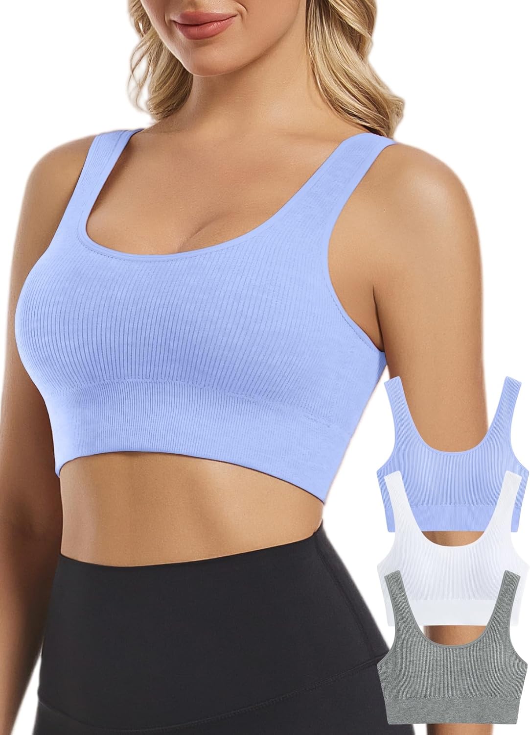 Seamless Sports Bras for Women Pack of 3 Ribbed Sports Bra Workout Tops Cropped Tank Top Comfort Padded Yoga