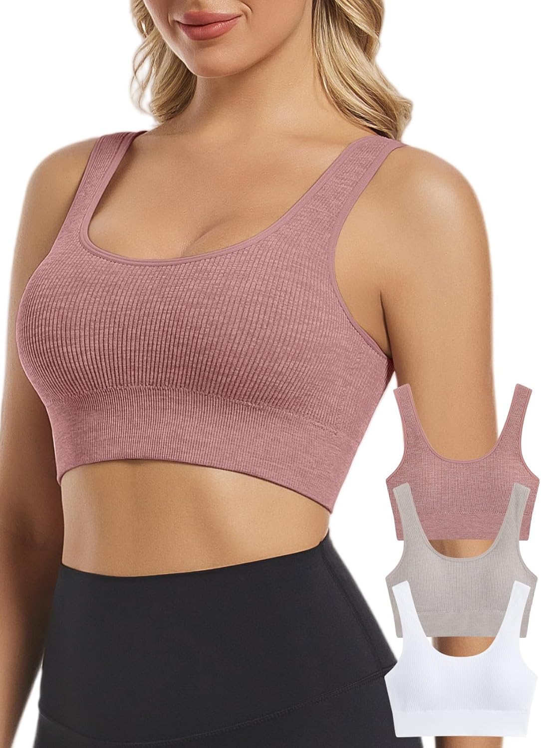 Seamless Sports Bras for Women Pack of 3 Ribbed Sports Bra Workout Tops Cropped Tank Top Comfort Padded Yoga