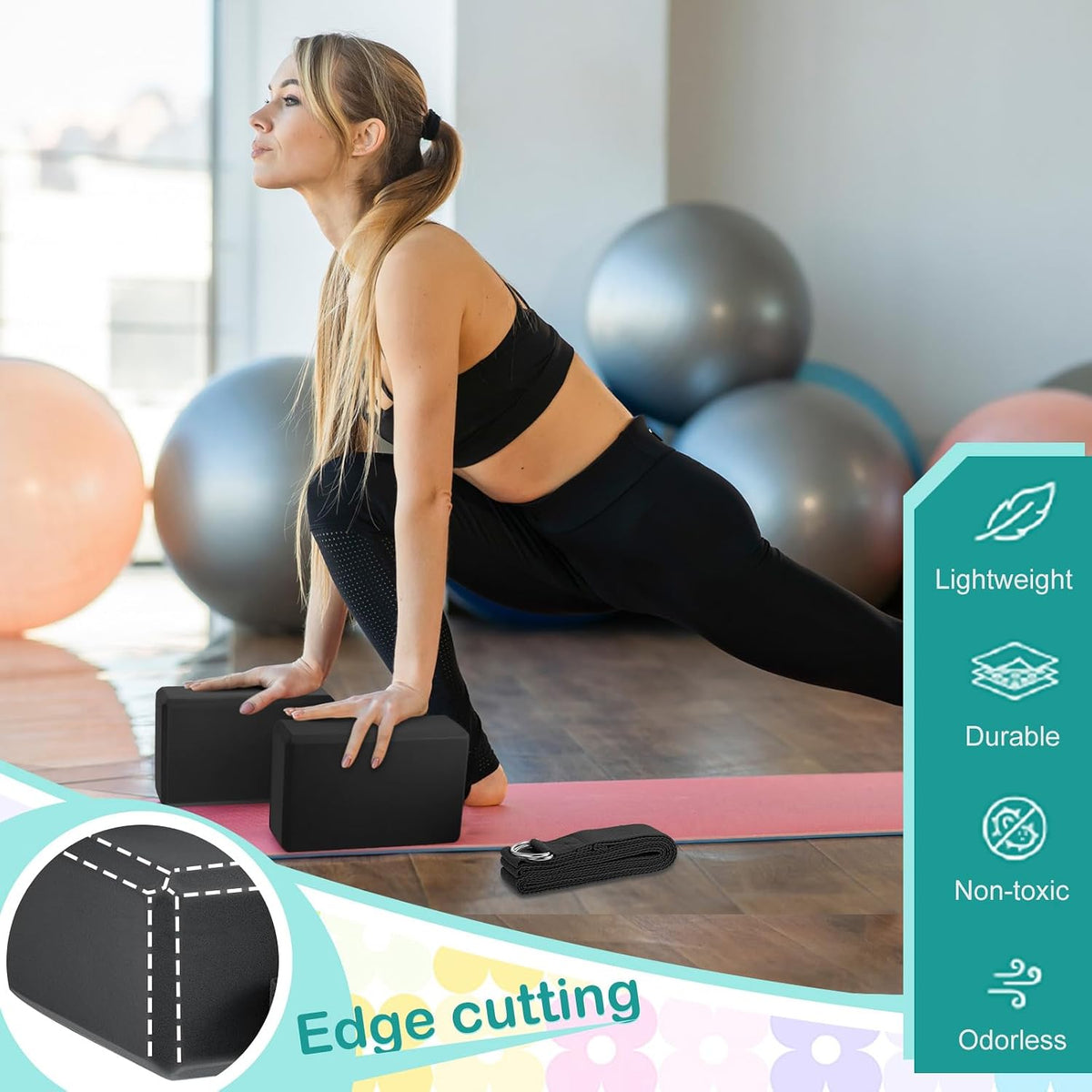18 Pcs Yoga Blocks and Strap Set Include 12 EVA Foam Yoga Blocks Bulk 9"x6"x3" with 6 Adjustable 8 ft Straps D Ring Non Slip Props for Stretching Pilates Workout Studio Home Gym